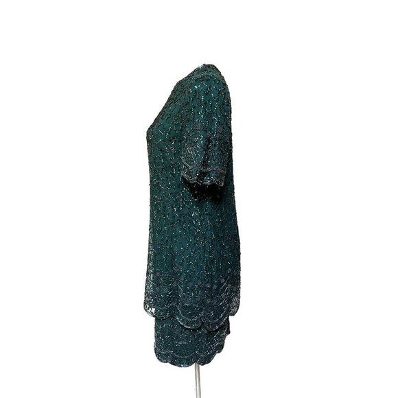Vintage 90s NWT Beaded Sequin Soutache Cocktail Dress Emerald Green Size S/M - Picture 6 of 12